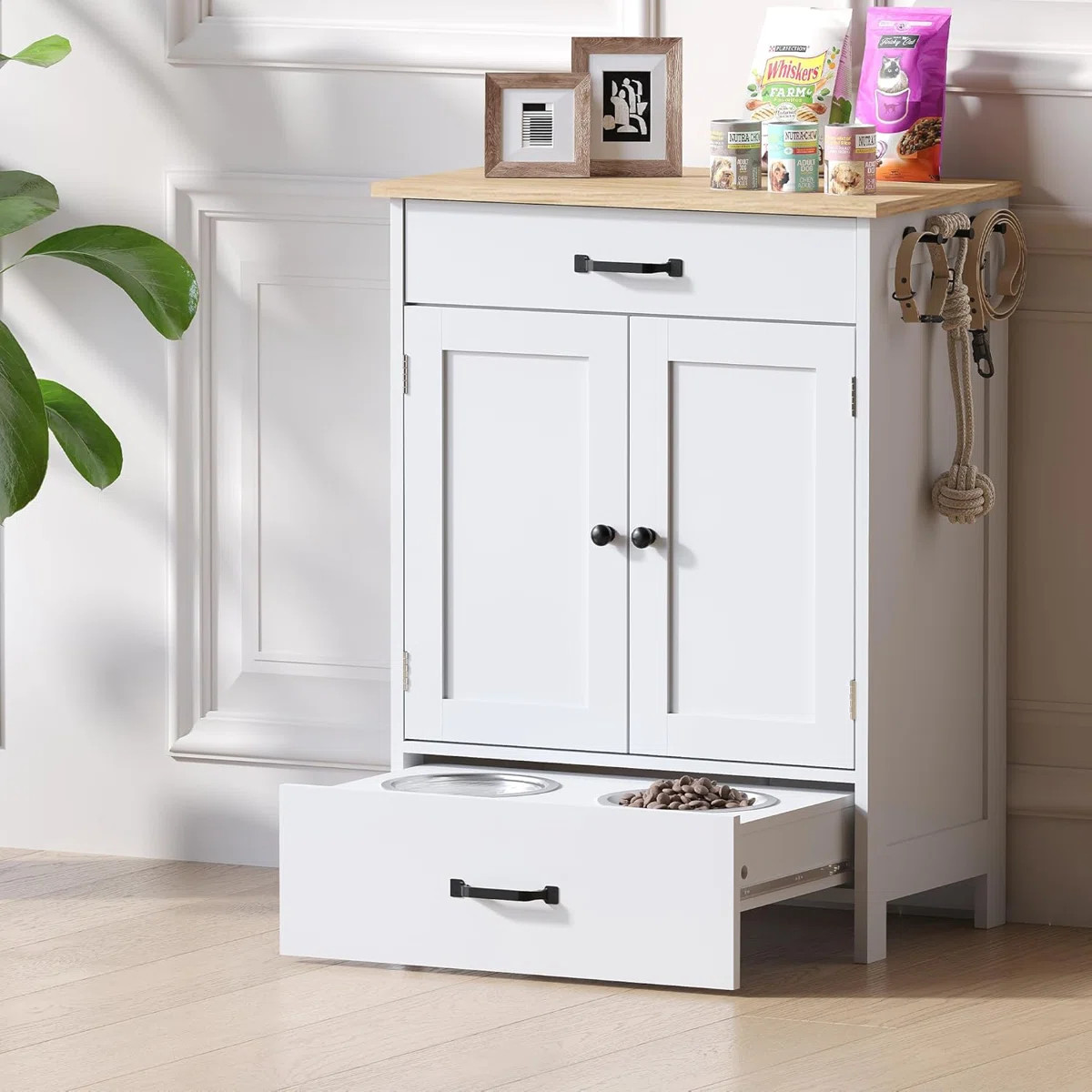 Elevated Dog Bowls With Storage Cabinet & Adjustable Shelf And Sliding Drawer | Wayfair North America