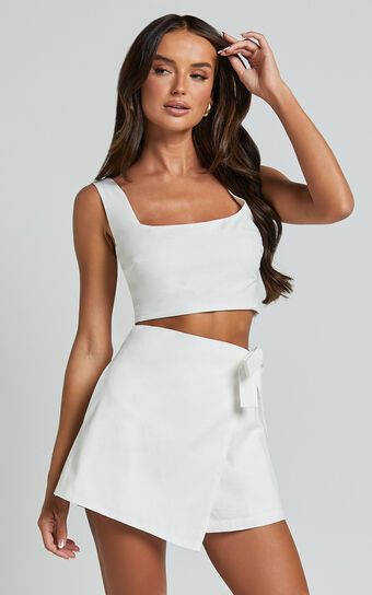 Polina Two Piece Set - Linen Look Square Neck Crop Top and Tie Waist Skort Set in White | Showpo (US, UK & Europe)