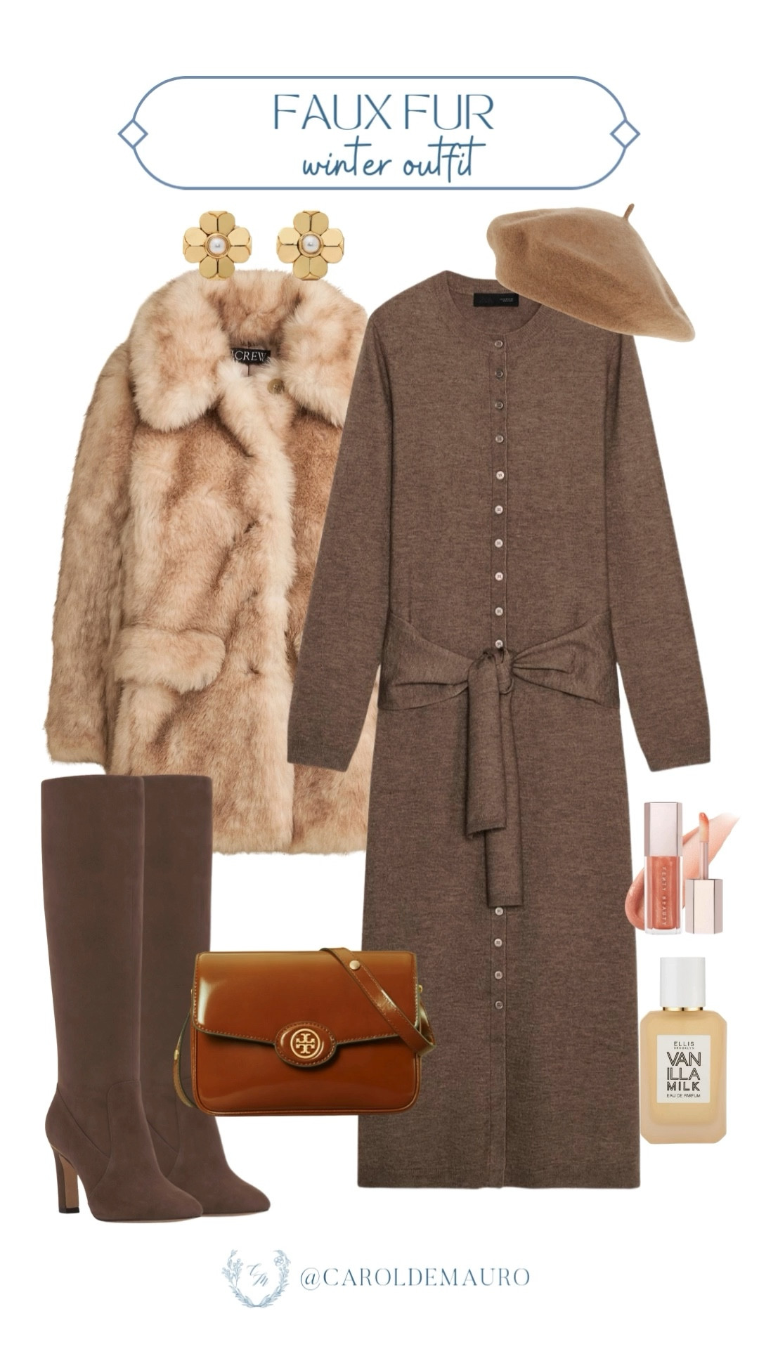 Stay warm and chic in this monochrome look with a plush faux fur coat layered over a ribbed knit midi dress! Complete the effortless vibe with suede knee-high boots, a Tory Burch crossbody bag, and the sweet scent of Vanilla Milk perfume.

parisian look, vacation inspo, winter fashion, weekend vibes, neutral style, chic accessories, boots season, fashionista

#LTKFindsUnder100 #LTKSeasonal #LTKU