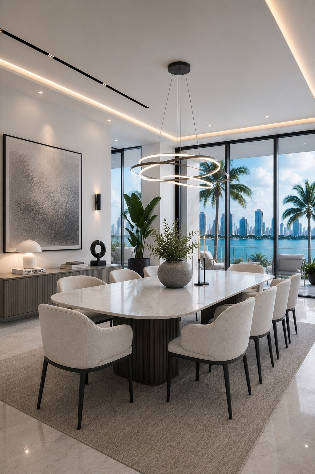 A sophisticated Miami-inspired dining room featuring a sculptural stone dining table, elegant cream upholstered chairs, statement ring chandelier, warm ambient lighting, and floor-to-ceiling windows overlooking tropical palms and the water. Clean lines and soft neutral tones create a timeless, high-end contemporary look.

#diningroomdesign #luxurydiningroom #miamidesign #moderninteriors #luxuryinteriors #moderndiningroom #neutralhome #diningroomdecor #interiordesign #modernhome #luxuryhome #designerhome #statementlighting #diningroominspo #homeinspiration #interiorinspiration #ltkhome #amazonhome #modernluxury #miamihome
