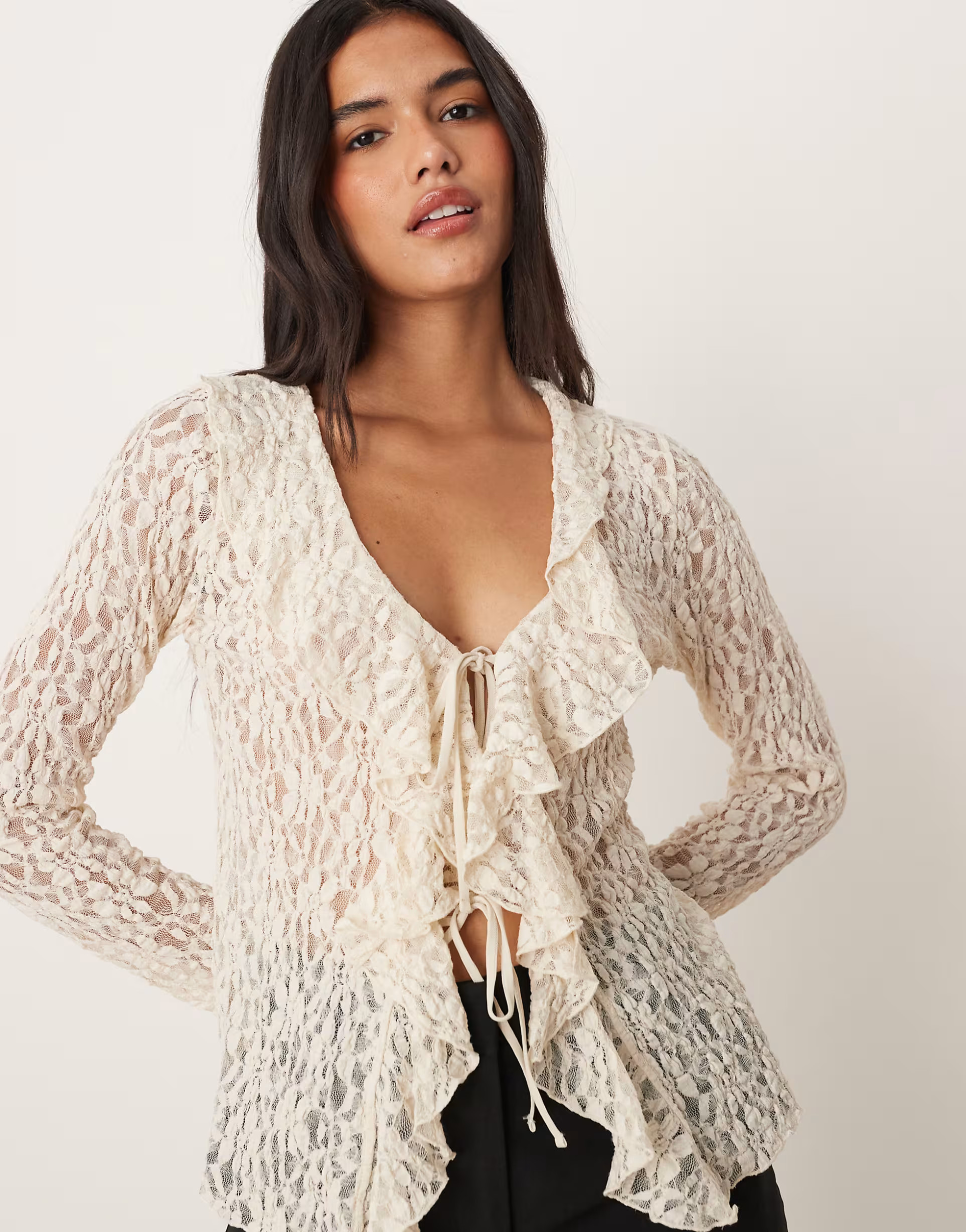 Mango textured long sleeve ruffle detail blouse in beige | ASOS (Global)