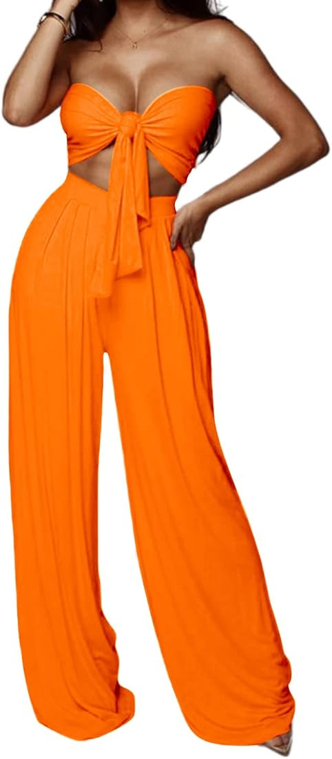 Sexy Two Piece Outfits for Women, Summer Wrap Halter Cross Tube Tops and Casual Loose Wide Leg Pa... | Amazon (US)