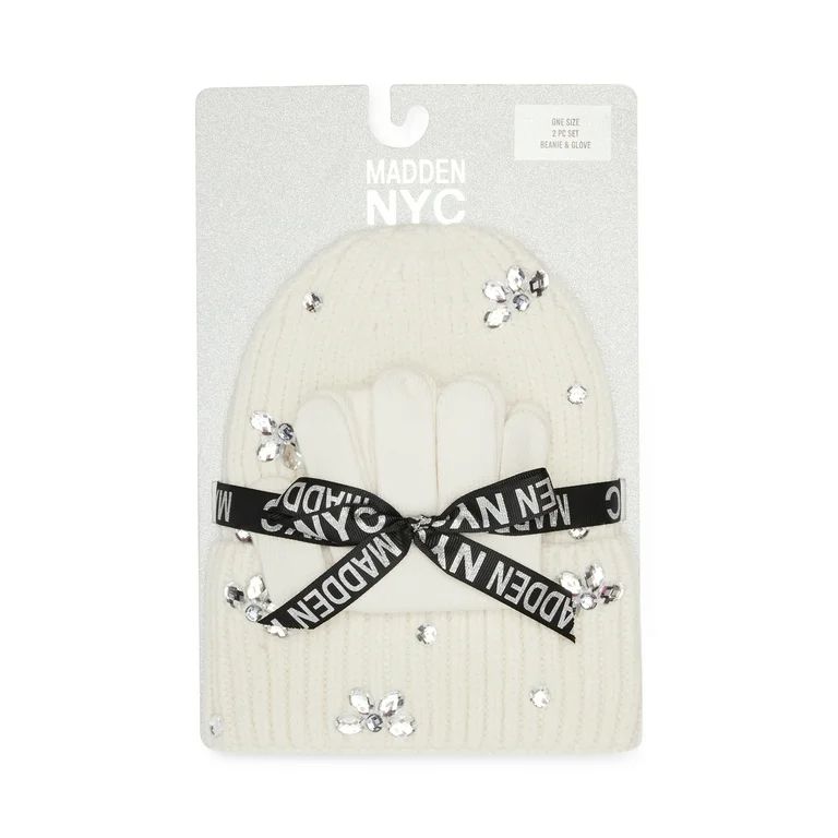 Madden NYC Women's Cuffed Beanie with Rhinestones and Magic Gloves, 2-Piece Gift Set | Walmart (US)