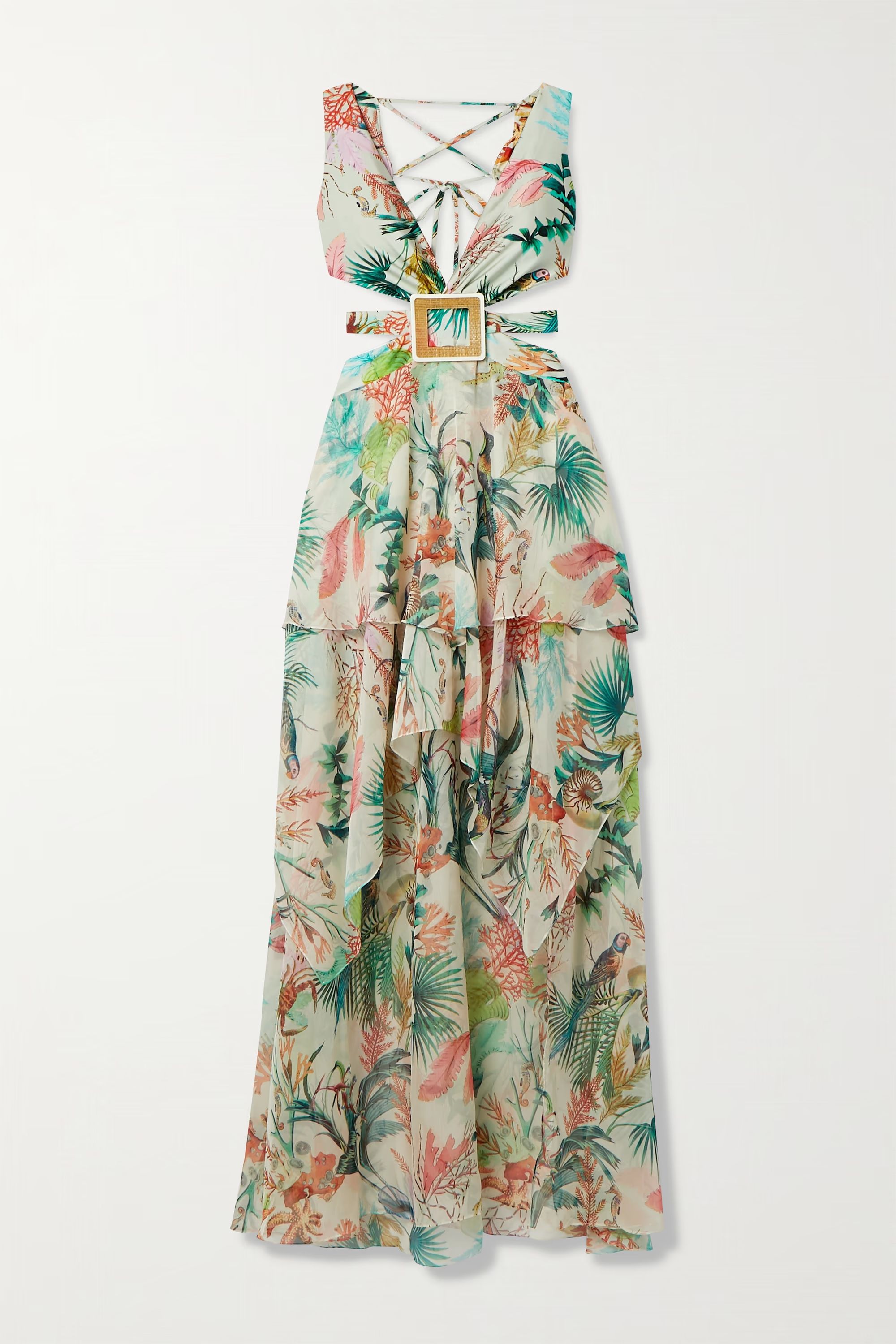 Oasis cutout ruffled printed chiffon and stretch-jersey maxi dress | NET-A-PORTER (US)