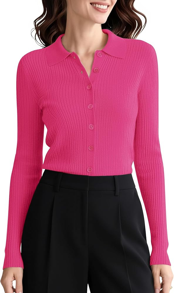 Urban CoCo Women's Long Sleeve Button Up Sweater Polo Shirt Collared Knit Cardigan Sweaters | Amazon (US)