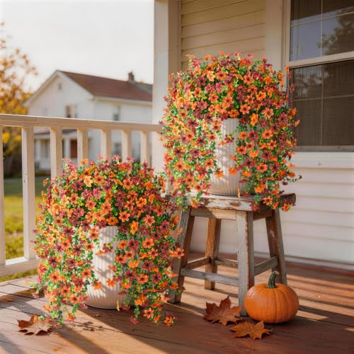 Artificial Fall Fake Flowers for Outdoor Fall Decoration,4Pcs Faux Hanging Flowers Outdoor Fall Decor,UV Resistant Look Real Faux Mums Silk Flower for Outside Home Porch Patio Yard Balcony Planter | Amazon (US)