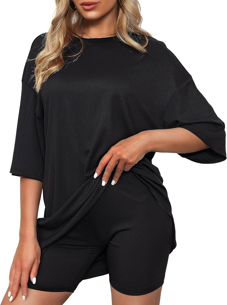 Boiltcat Two Piece Outfits for Women, Summer Casual Oversized Ribbed Knitted T-Shirt Tops + Biker... | Amazon (US)