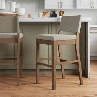 Linus 30 in. Modern Upholstered Bar Stool with Back and Solid Rubberwood Legs in a Wire-Brushed Brown Finish | The Home Depot