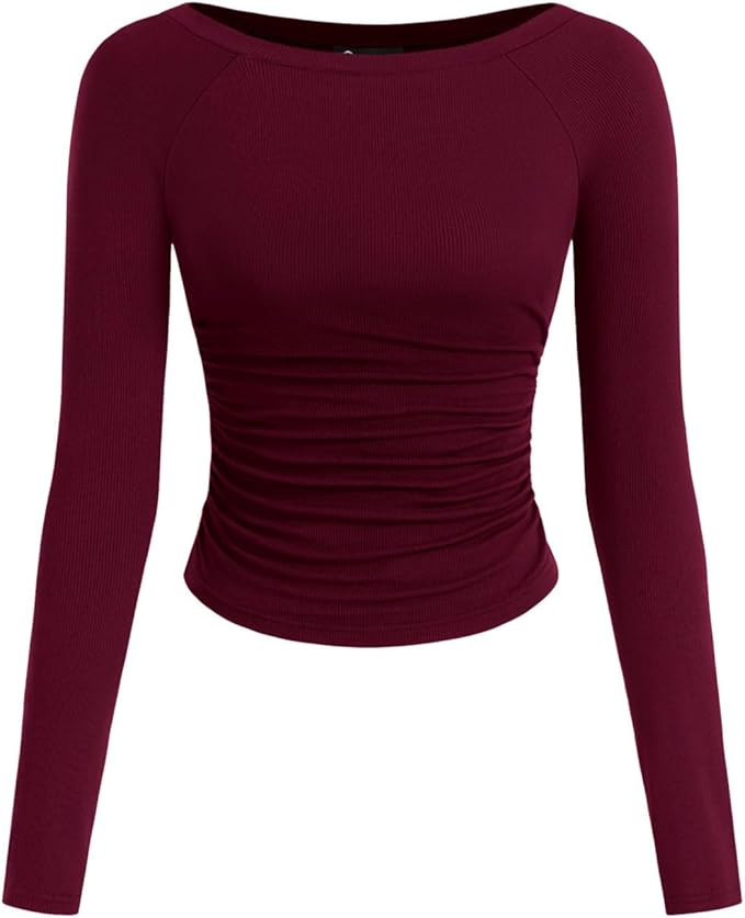 PRETTYGARDEN Long Sleeve Shirts for Women 2025 Fall Ruched Sides Boat Neck Basic Tee Casual Fitte... | Amazon (US)