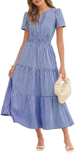 Caracilia Womens Summer Maxi Dresses 2026 Spring Casual V Neck Short Sleeve Gingham Flowy A-Line ... | Amazon (US)