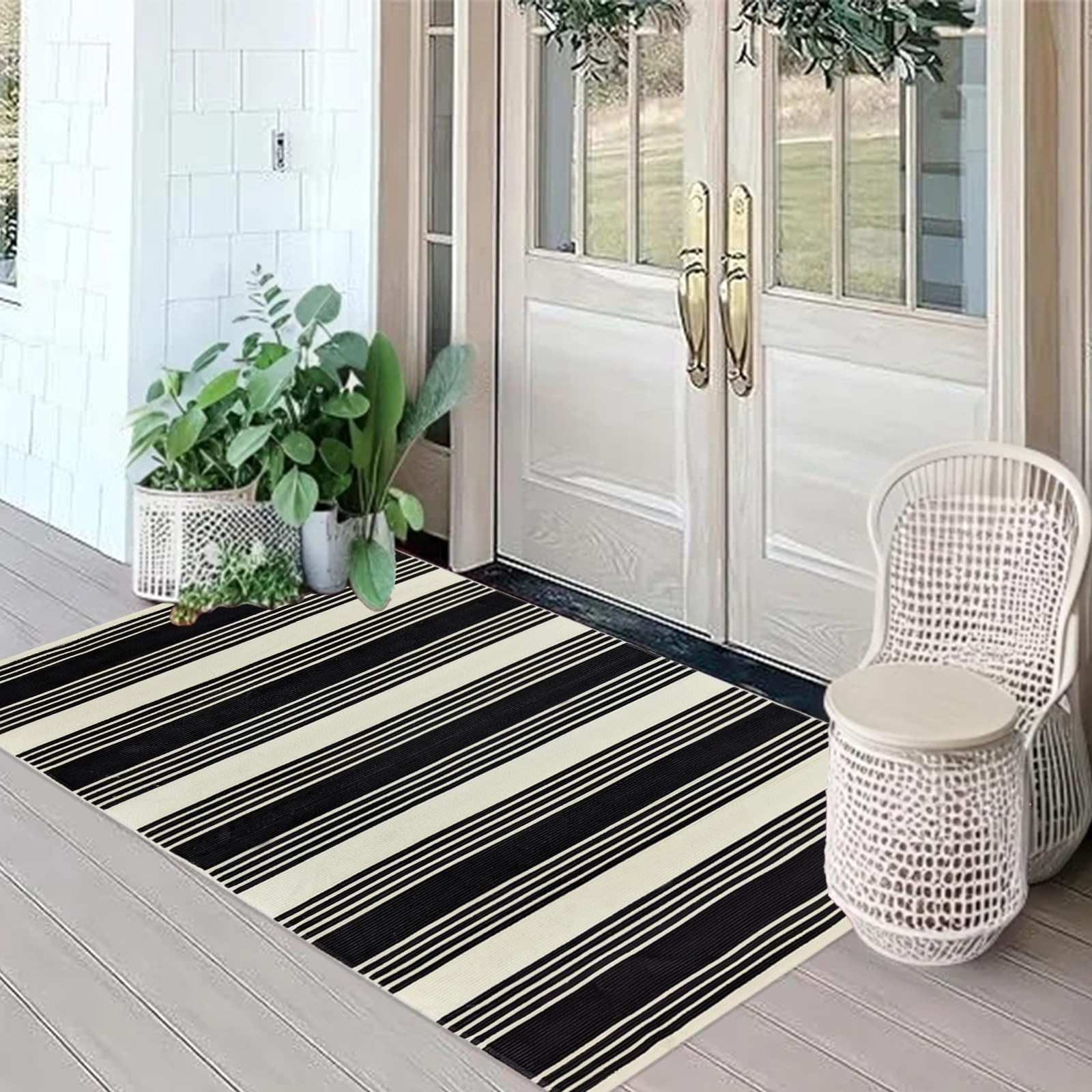 USTIDE Striped Front Doormat 23.6'' x51'' Black/Off White Cotton Hand-Woven Area Rug Reversible O... | Amazon (US)
