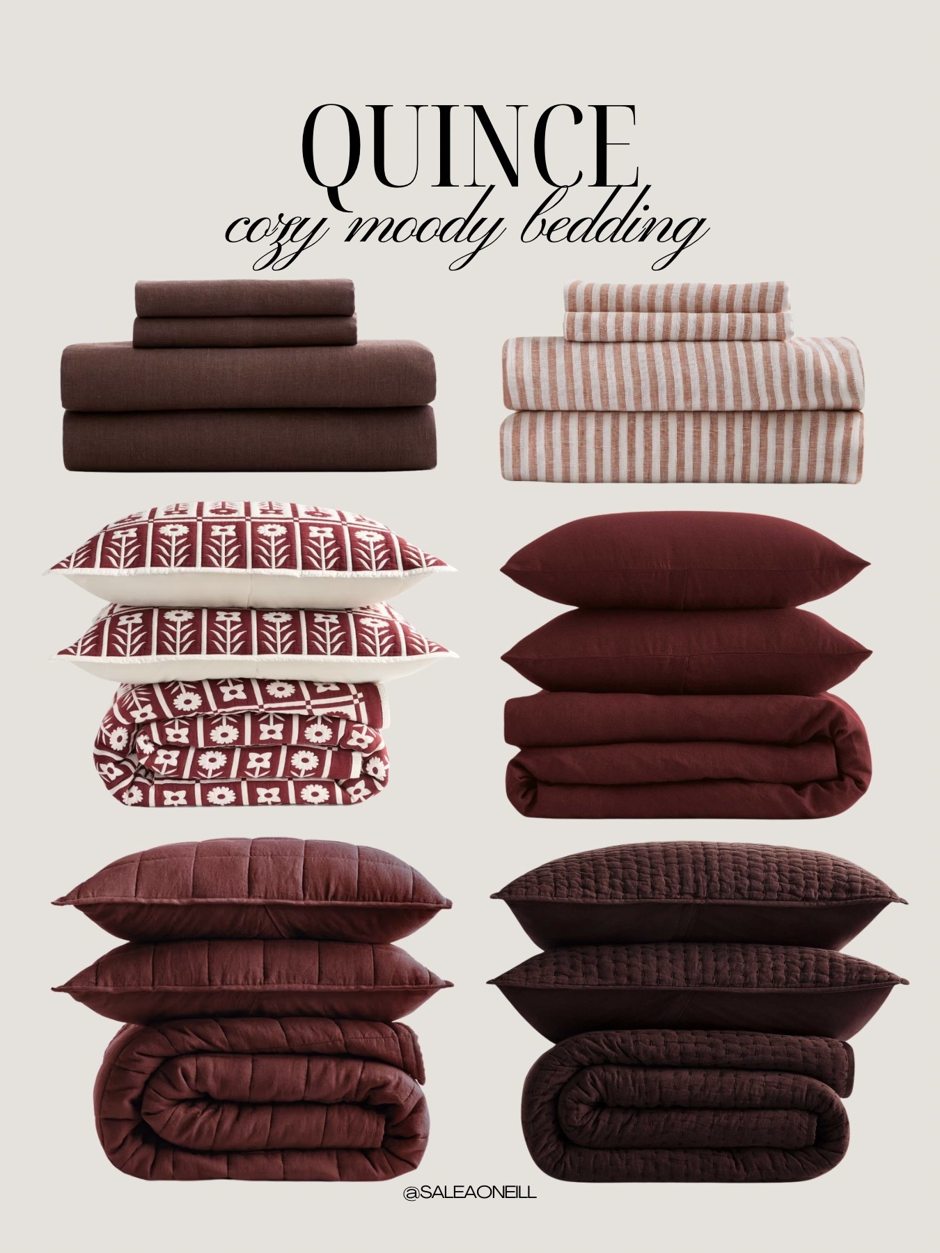 cozy moody bedding 🤎 love the burgundy & espresso tones ☕️ use code INFG-26SALEAONEILL10 for 10% off your first order! 


Linen bedding, quince bedding, cozy bedding, quince, quilt, duvet, fluffy bedding 