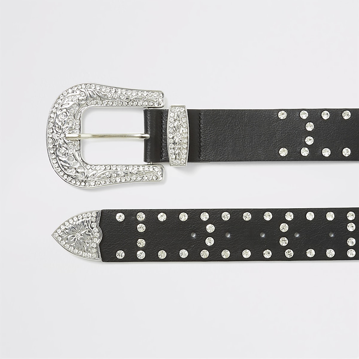 Black diamante studded western buckle belt | River Island (US)