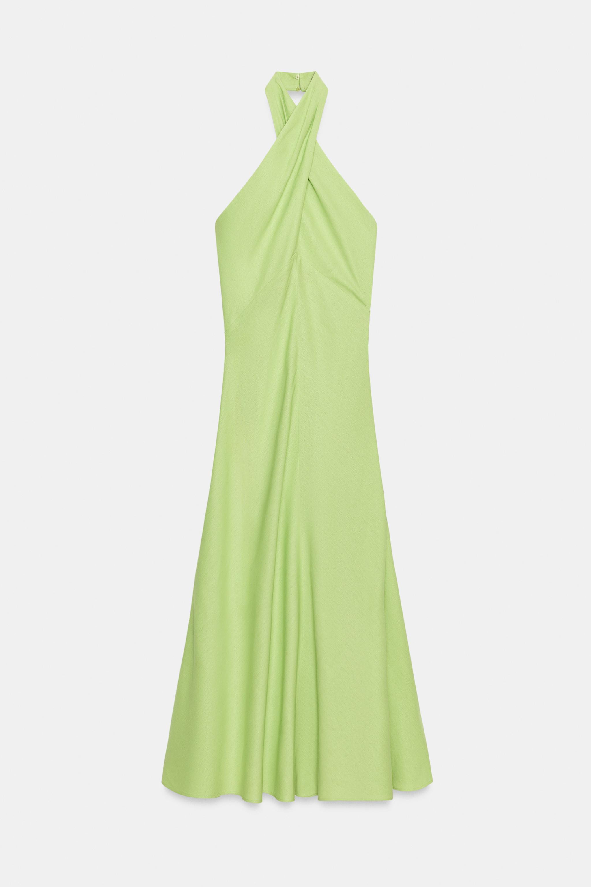 Linen dress. Crisscross halter neckline. Open back. A-line hem. Back hidden button closure. | Zara US