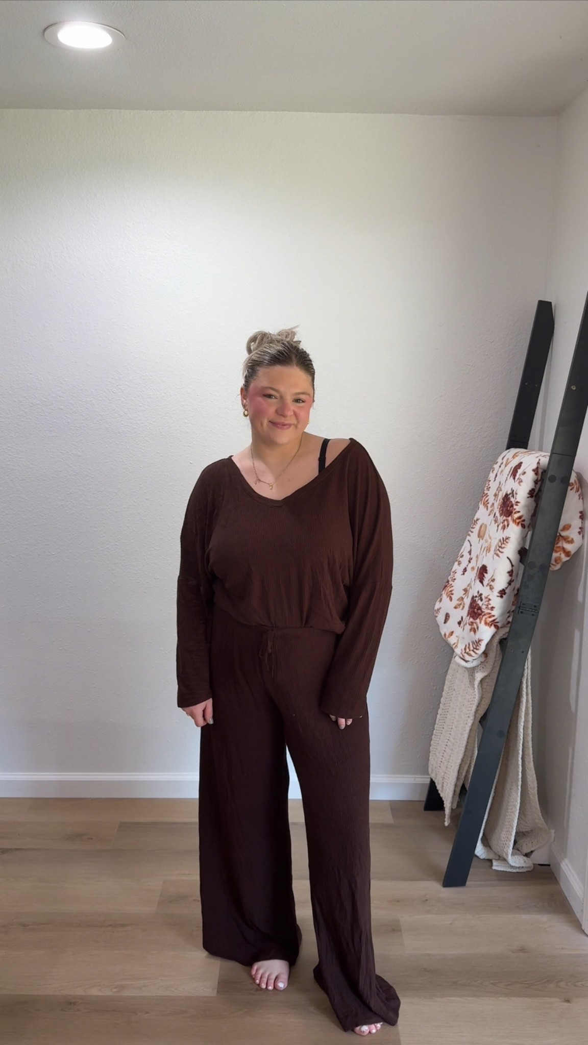 Top: large 
Pants: medium 

#LTKPetite #LTKMidsize #LTKOver40