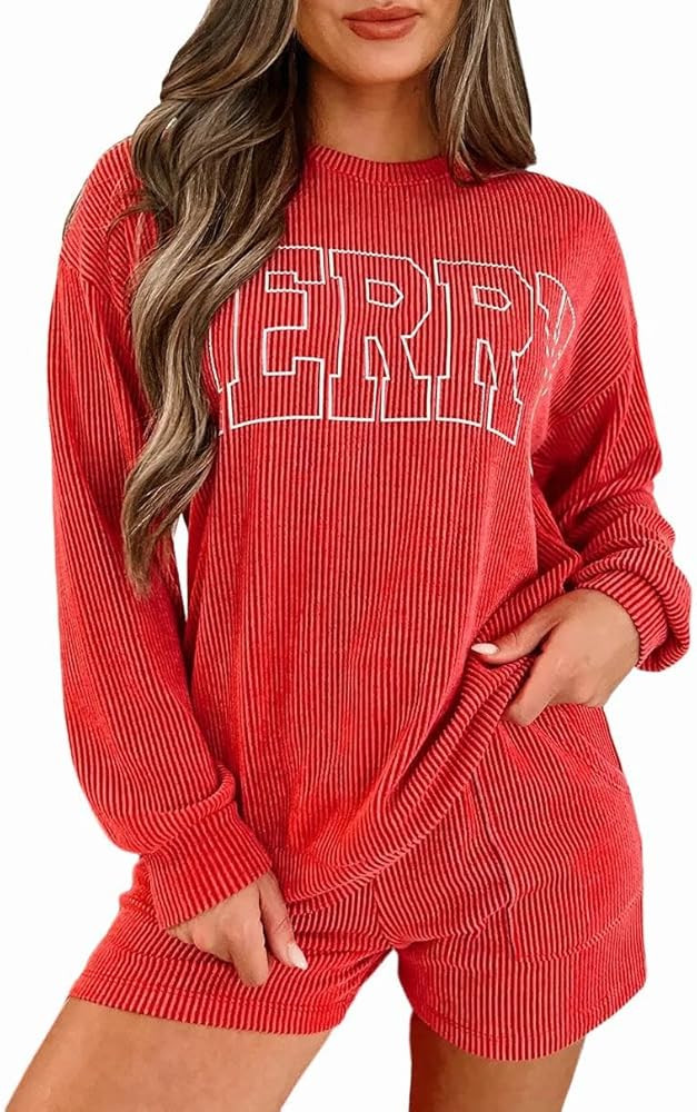 Womens Ribbed Pajama Sets Long Sleeve Top and Shorts Matching Lounge Set Loungewear Sweatsuit wit... | Amazon (US)