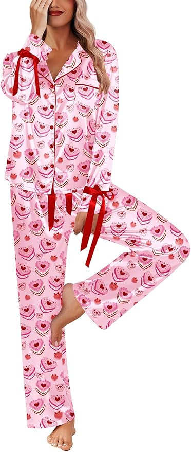 Ekouaer Women Classic Button Down Long Satin Pajamas Set,Bow Tie Silky Cute Pjs Sets Fancy Lounge... | Amazon (US)