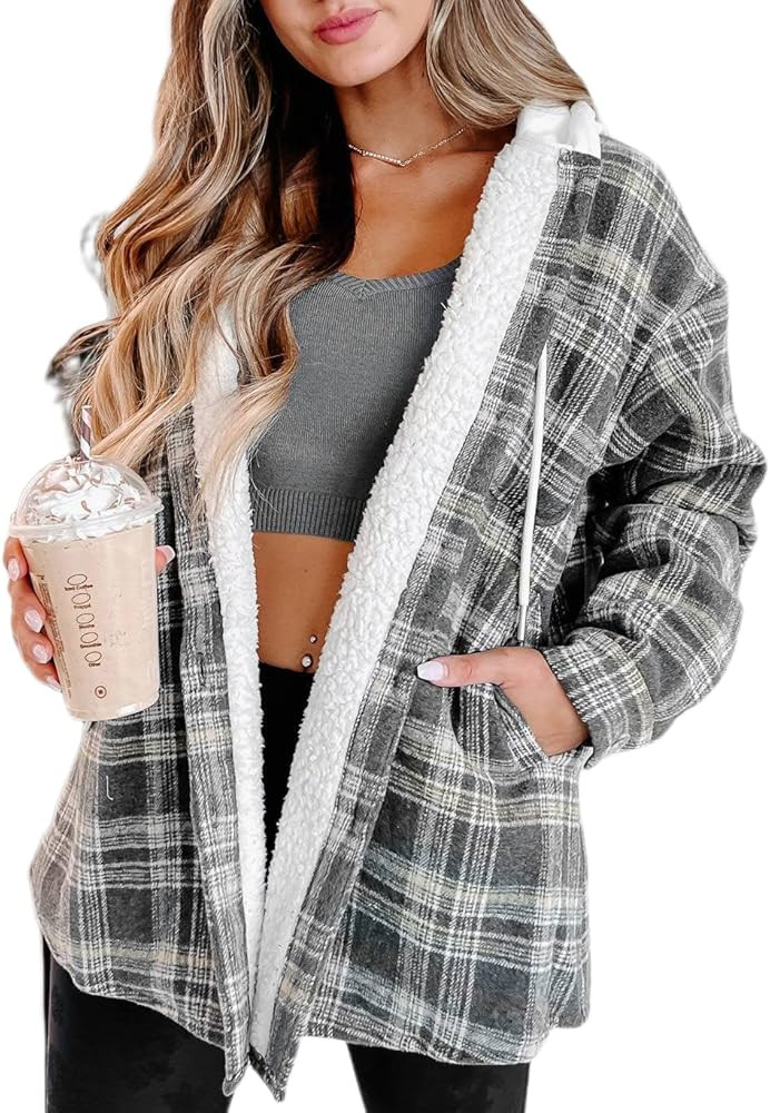 Merryfun Womens Plaid Shacket Jacket Sherpa Lined Flannel Jackets Oversized Button Up Fleece Hood... | Amazon (US)