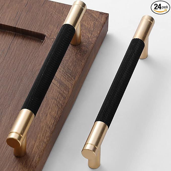 24 Pack 5 Inch 128 mm Bar Cabinet Pulls Gold and Black Knurled Handles for Brushed Gold Drawer Pu... | Amazon (US)