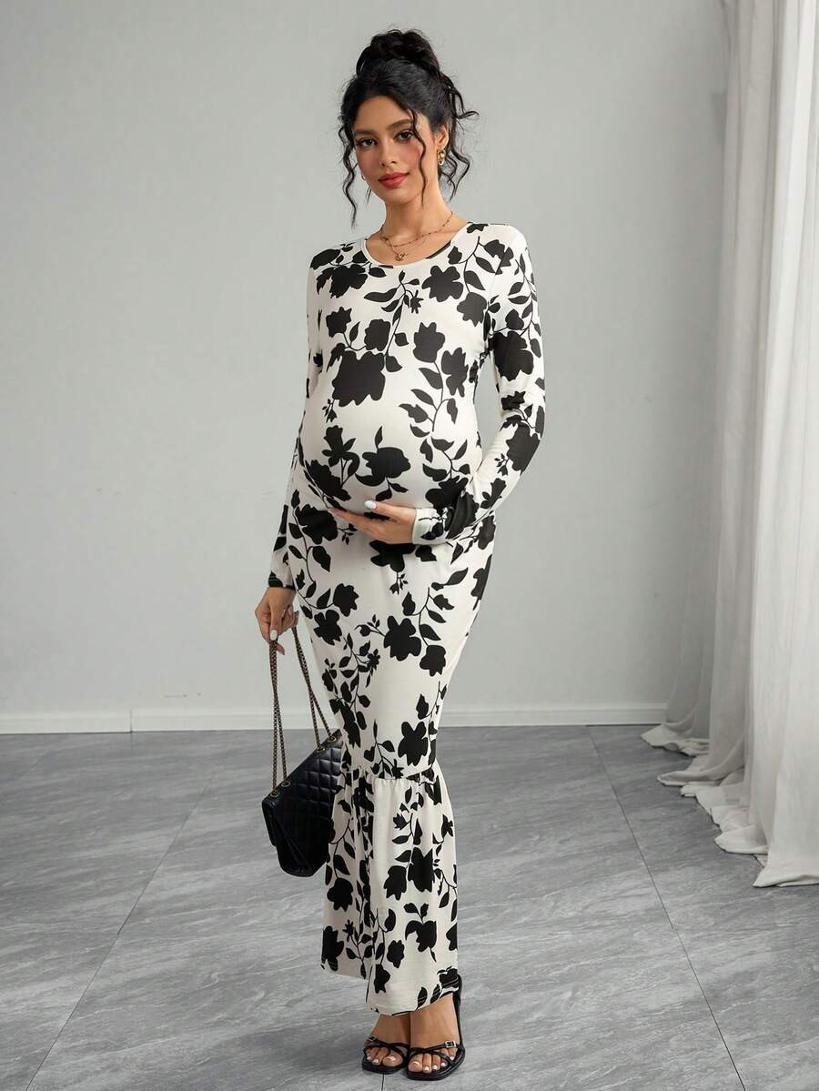 Momance Maternity Floral Print Long Sleeve Round Neck Dress, Autumn | SHEIN