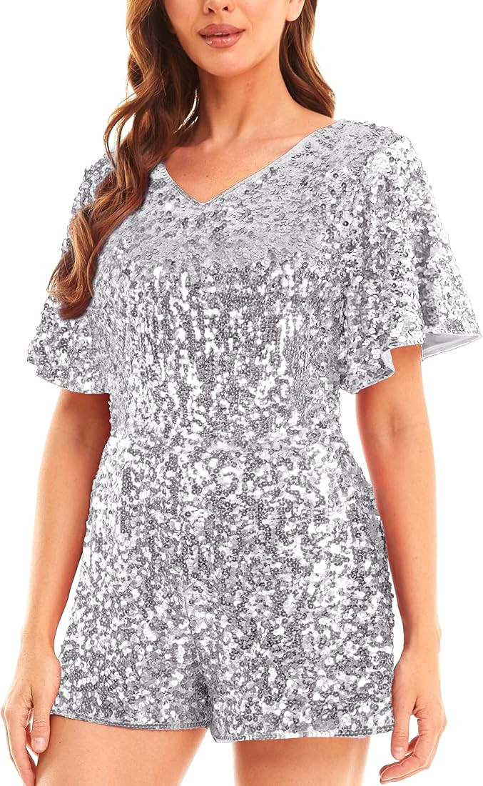 MANER Women’s Sequin Romper Sparkly Short Jumpsuit Party Concert Outfit With Flutter Sleeve | Amazon (US)