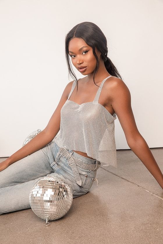 When the Party Calls Silver Rhinestone Chainmail Crop Top | Lulus (US)