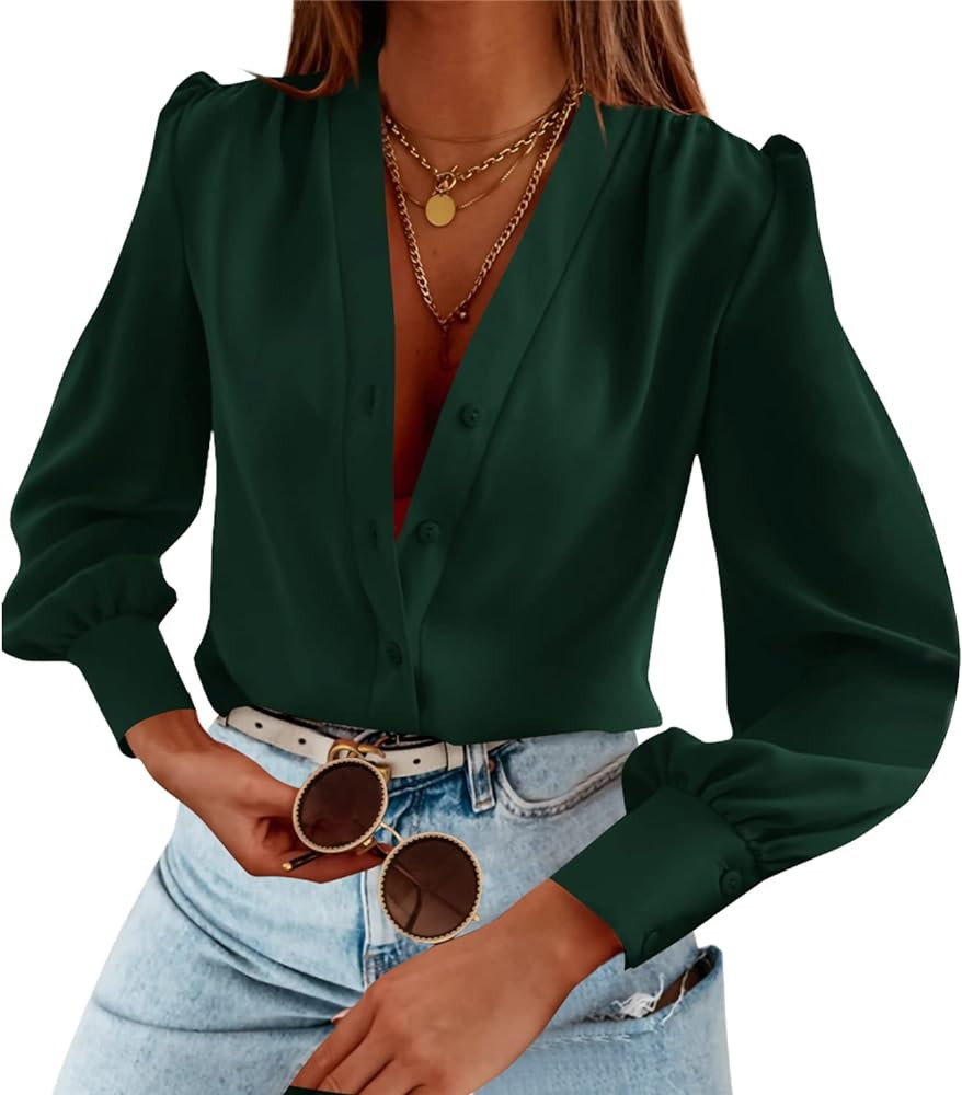 Women's Business Casual Tops Summer Long Sleeve Silk Button Down Shirts V Neck Chiffon Blouses | Amazon (US)