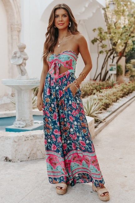Strapless Navy Mixed Print Jumpsuit  - PRE ORDER | Magnolia Boutique
