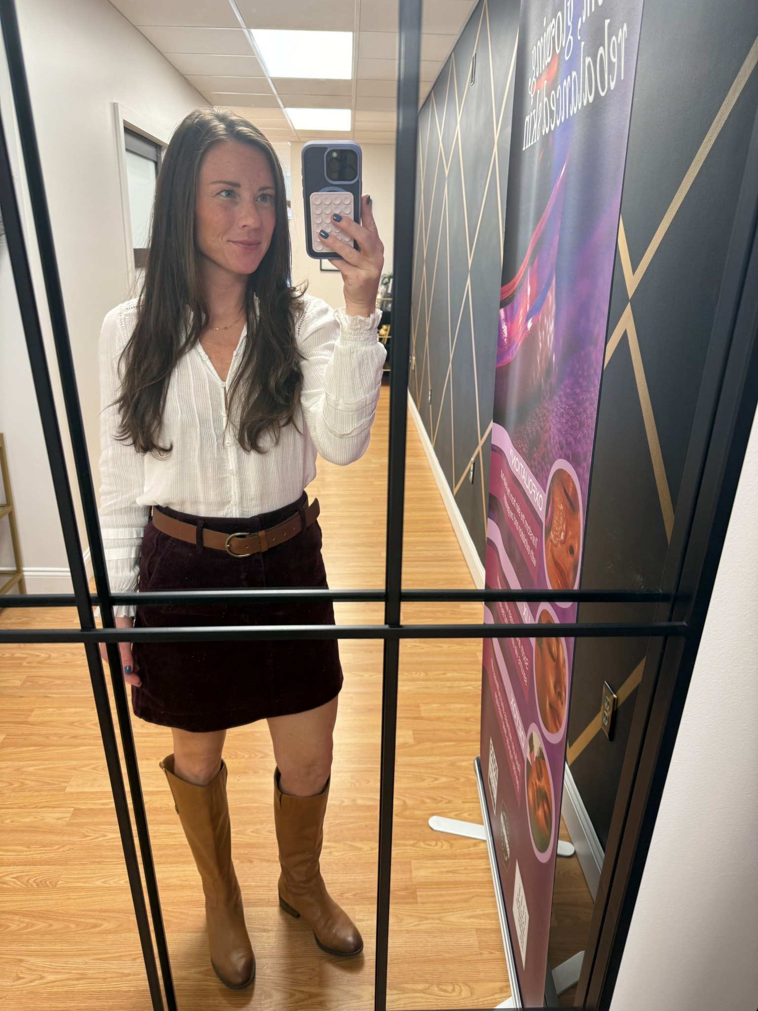 Fall Work Outfit - White button down, brown belt, corduroy skirt, riding boots 

#LTKSeasonal #LTKFallSale