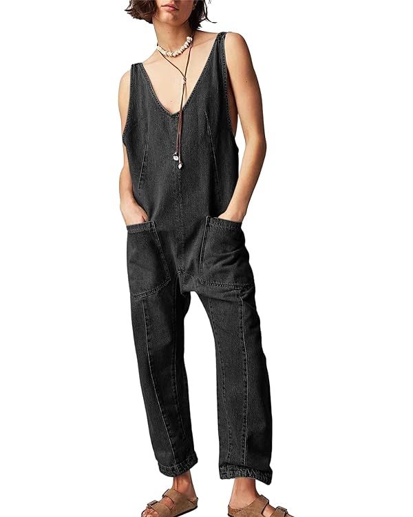 PLNOTME Women's Denim Overall Jumpsuits Sleeveless V Neck Adjustable Straps Jeans Long Pants Romp... | Amazon (US)