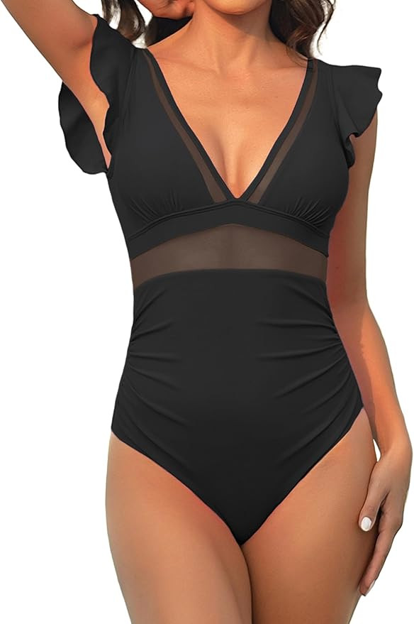 One Piece Swimsuit for Women Tummy Control Bathing Suit Sexy Mesh V Neck Slimming Swimwear 2024 | Amazon (US)