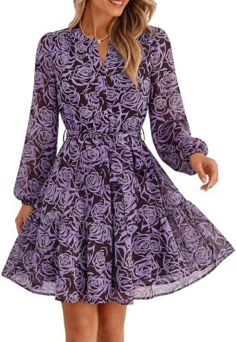 BTFBM Womens Dresses Fall Chiffon Floral V Neck Long Sleeve Mini Dress | Amazon (US)