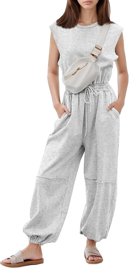 Flygo Womens Casual Jumpsuit Crewneck Cap Sleeve Long Wide Leg Pants One Piece Outfits Drawstring... | Amazon (US)