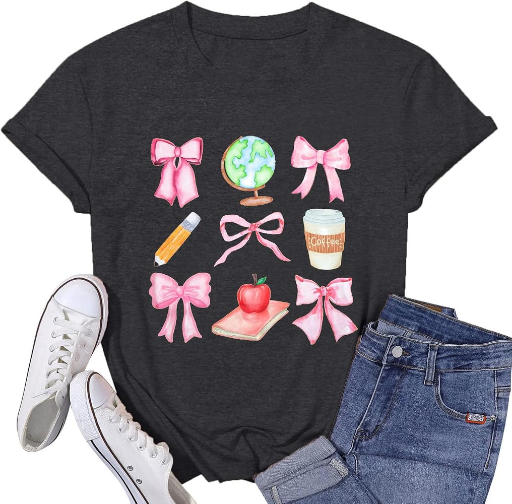 Teacher Shirts Womens Bow Teacher Graphic Tees Cute Teacher Appreciation Gifts Shirt Summer Casua... | Amazon (US)