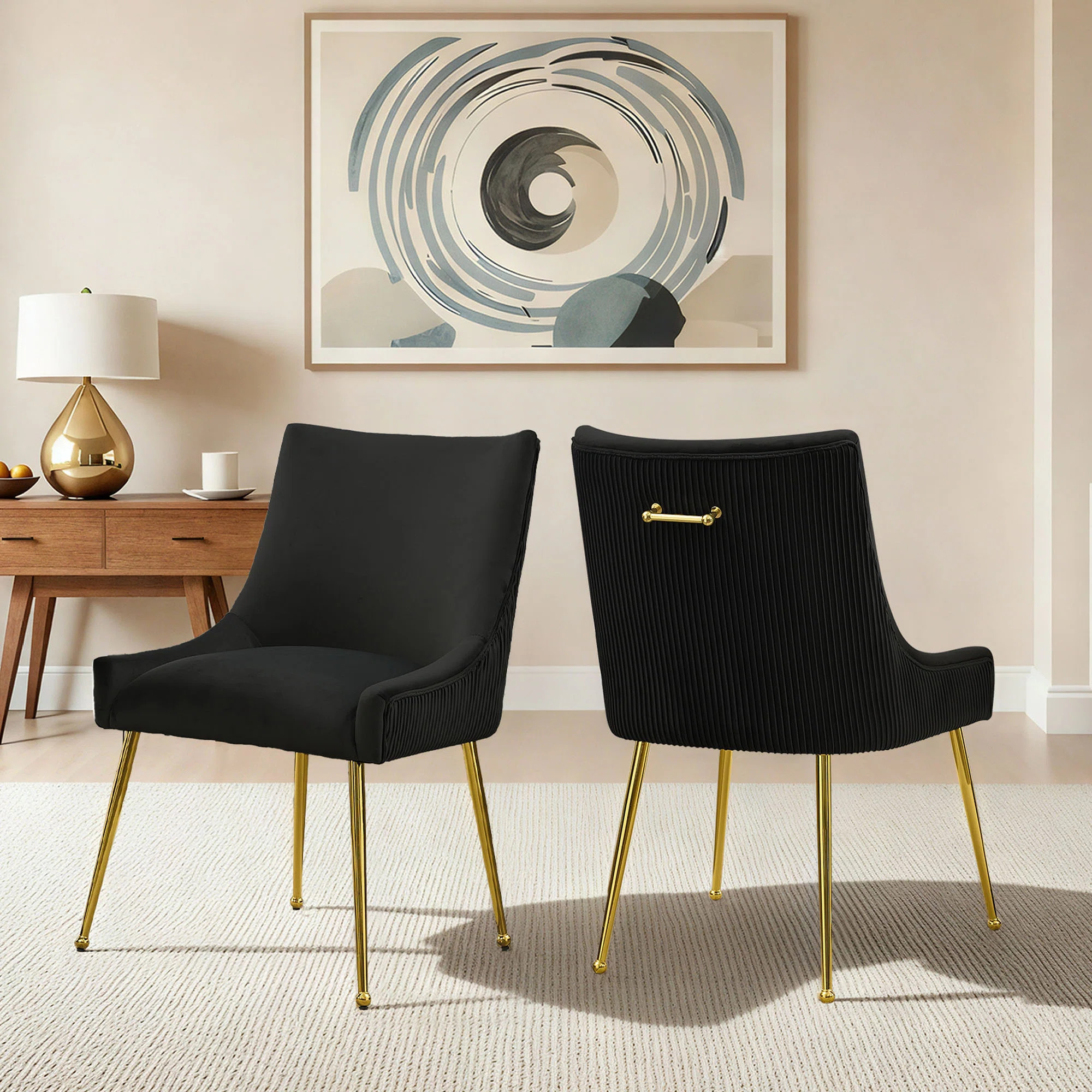 Velvet Upholstered Dining Chairs With Gold Pull Handle Modern Chairs With Gold Legs (Set of 2) | Wayfair North America