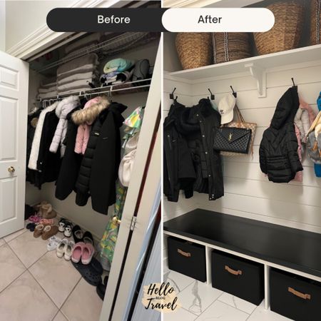 Coat closet transformation to mudroom! 
Home organization. Shoe organizers. Home renovation. Home decor. Storage solutions. 

#LTKhome