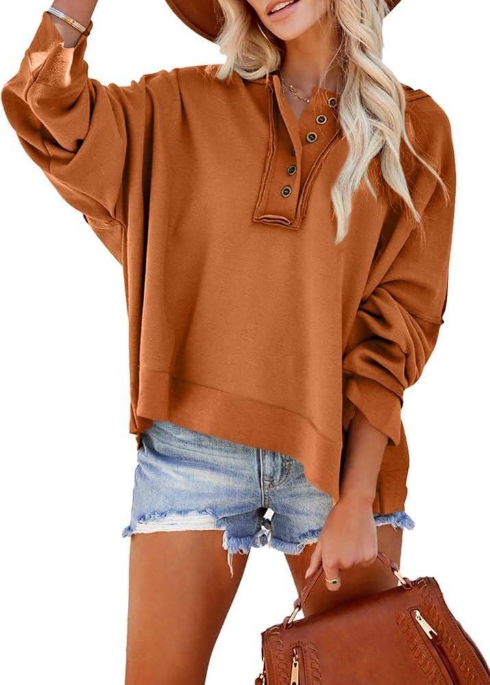 Dokotoo Hoodies for Women 2024 Fashion Fall V Neck Button Down Long Sleeve Hooded Sweatshirts Top... | Amazon (US)