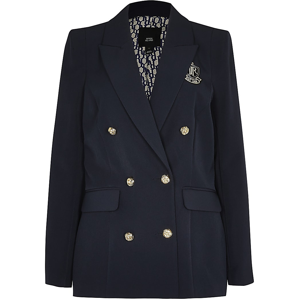 Navy fitted double breasted blazer | River Island (UK & IE)
