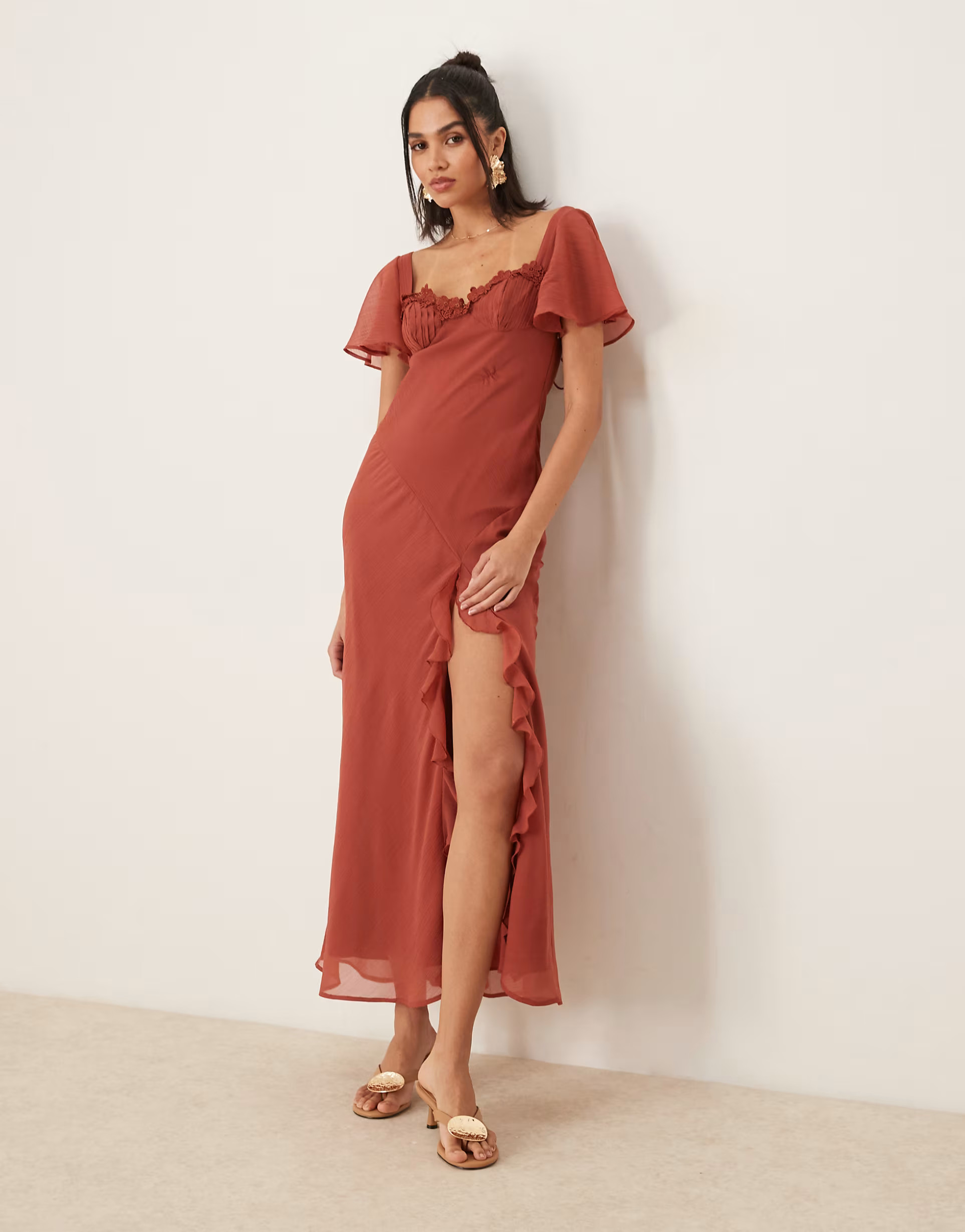 ASOS DESIGN flutter sleeve lace trim ruffle split midaxi dress with open back in rust | ASOS (Global)
