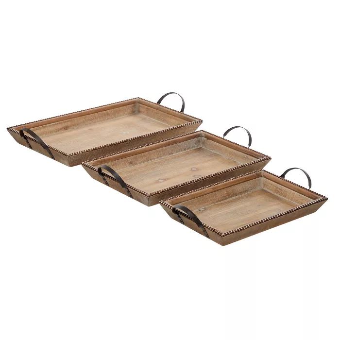 Set of 3 Wood Tray with Beaded Border and Metal Handles Black/Brown - Olivia & May | Target
