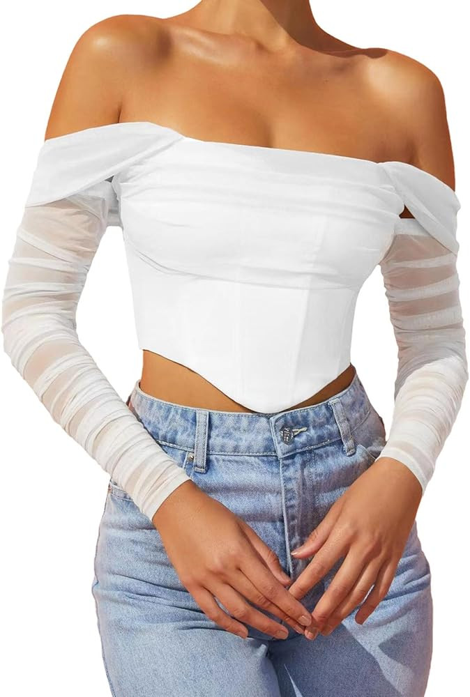 Corset Tops for Women Off The Shoulder Crop Long Sleeve Bustier Boned Concert Going Out Tops | Amazon (US)