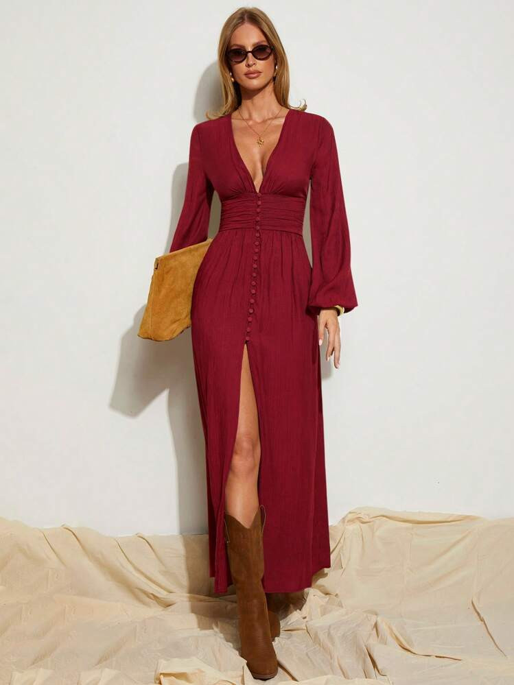 COSMINA Women's Elegant High Slit Long Sleeve Dress, Suitable For Vacation, Brown,Bodycon Dress Long Sleeve Maxi Dress | SHEIN