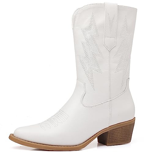 GLOBALWIN Women's White Cowboy Boots Fashion Western Mid Calf Disco Cowgirl Boots Chunky Low Heel 9.5M | Amazon (US)