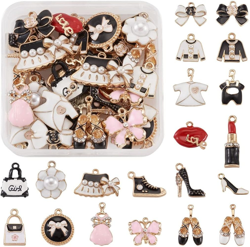 Cheriswelry 40pcs Enamel Fashion Women Makeup Charms Mixed Lipstick Dress High Heels Diamond Shoe... | Amazon (US)