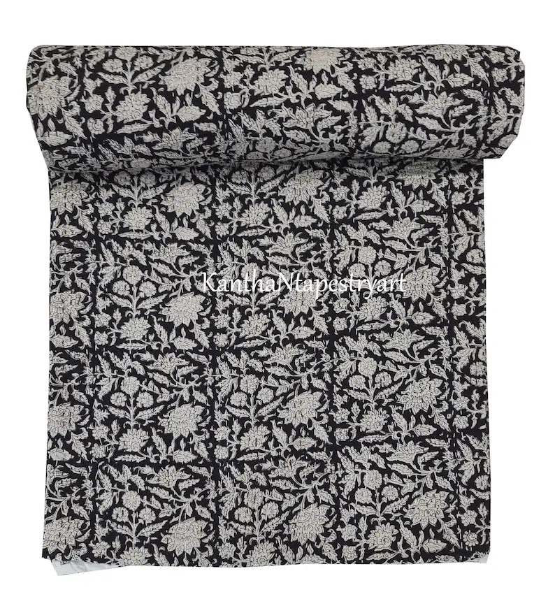 Black Kantha, Hand Block Print Cottn Kantha Quilt, Indian Kantha Quilt, Handmade Quilt, Kantha Be... | Etsy (US)