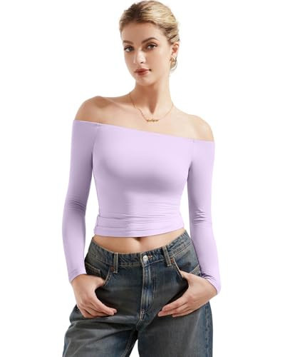SUUKSESS Women Off The Shoulder Double Lined Long Sleeve Shirts Fitted Y2k Basic Going Out Tops (Lilac, M) | Amazon (US)