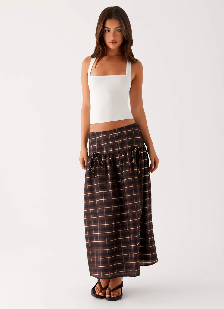Quiet Places Midi Skirt - Chocolate Check | Peppermayo (Global)