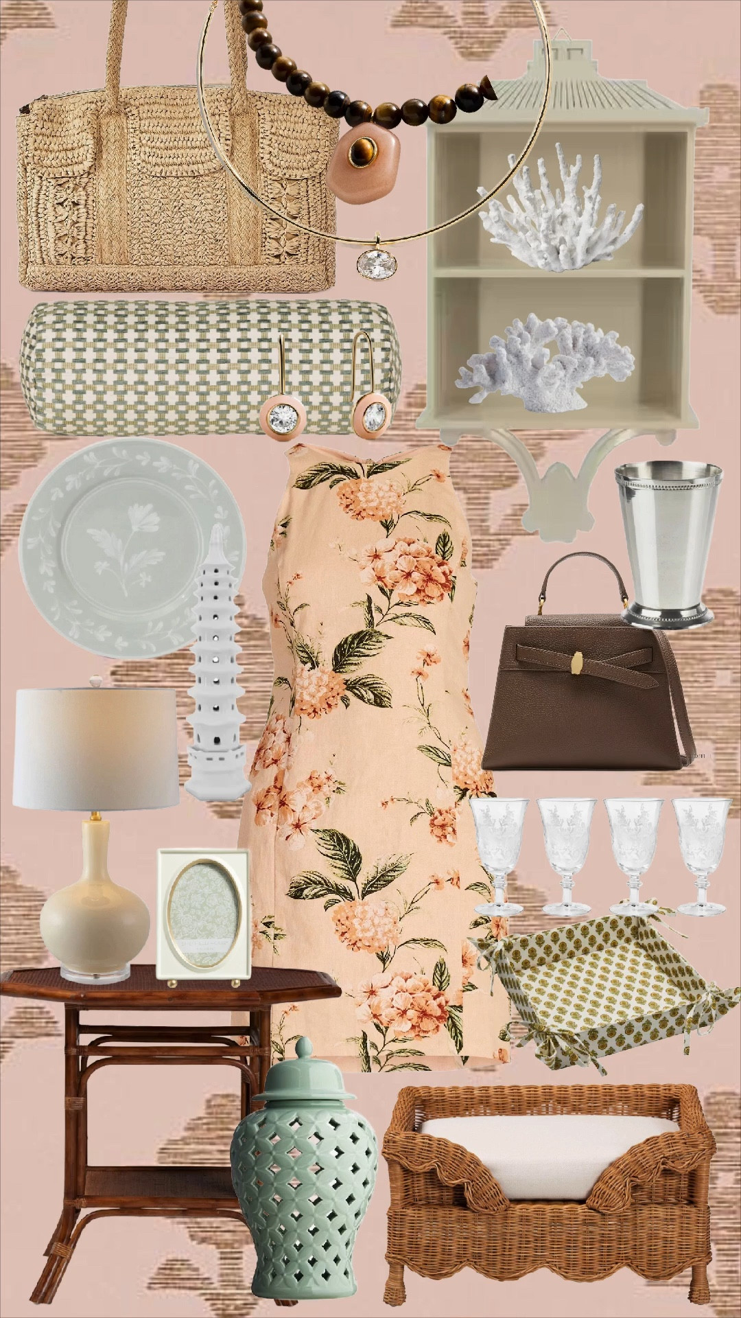 Immediately ordered this Walmart dress! 

* Peach floral midi dress
* Woven straw tote bag
* Gold + stone drop earrings
* Beaded statement necklace
* Printed fabric catchall tray
* White floral embossed dinner plates
* Etched glass goblets
* Silver julep cup
* Rattan bar cart
* Pagoda-style wall shelf
* White coral decor object
* Green lattice ginger jar
* Oval photo frame
* Cane/rattan armchair
* Patterned bolster pillow
* Structured brown top handle handbag

⸻

Hashtags:
#LTKStyle #LTKHome #LTKFinds #GrandmillennialStyle #TraditionalHome #CoastalGrandmillennial #HeirloomStyle #SouthernStyle #ClassicStyle #SummerStyle #EntertainingAtHome #TablescapeInspo #RattanDecor #WovenStyle #FloralFashion #TimelessStyle #ElegantLiving #PreppyStyle #NeutralAesthetic #ChicHome