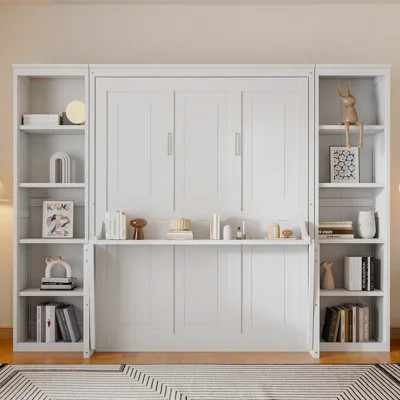 Queen Size Murphy Bed With Desk And Bookshelf, White | Wayfair North America