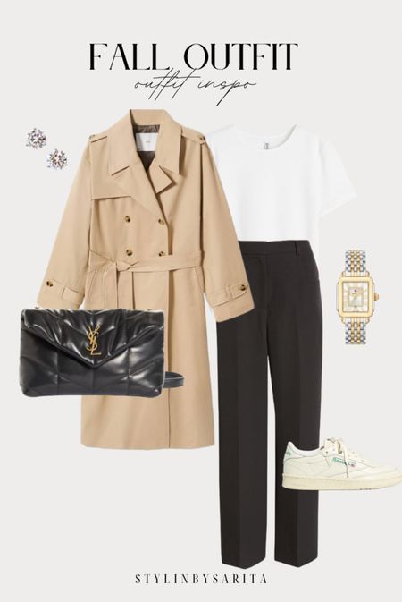 Trench coat, trench coat outfit, black trousers, white tee shirt, ysl shoulder bag, Reebok sneakers, Diamond watch, nordstrom studs, trendy fall outfits 

#LTKU #LTKFind #LTKstyletip